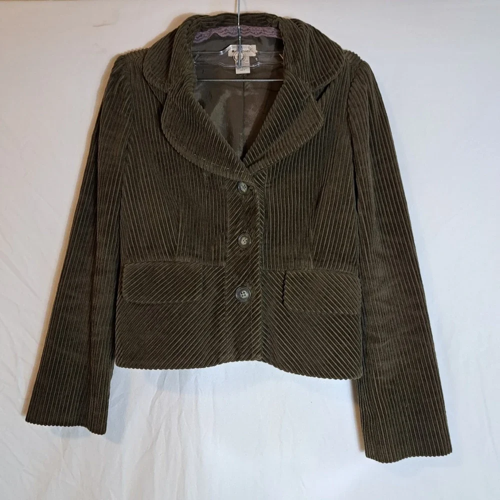 ELEVENSES Anthropologie Y2K Green Corduroy Button Up‎ Jacket Line Size 2